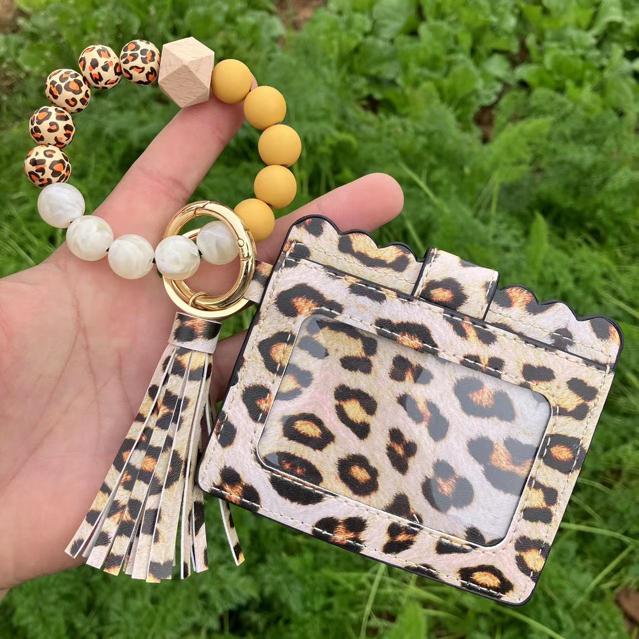 Wholesale Colorful Beads PU Leopard Snake Print Coin Purse Keychain